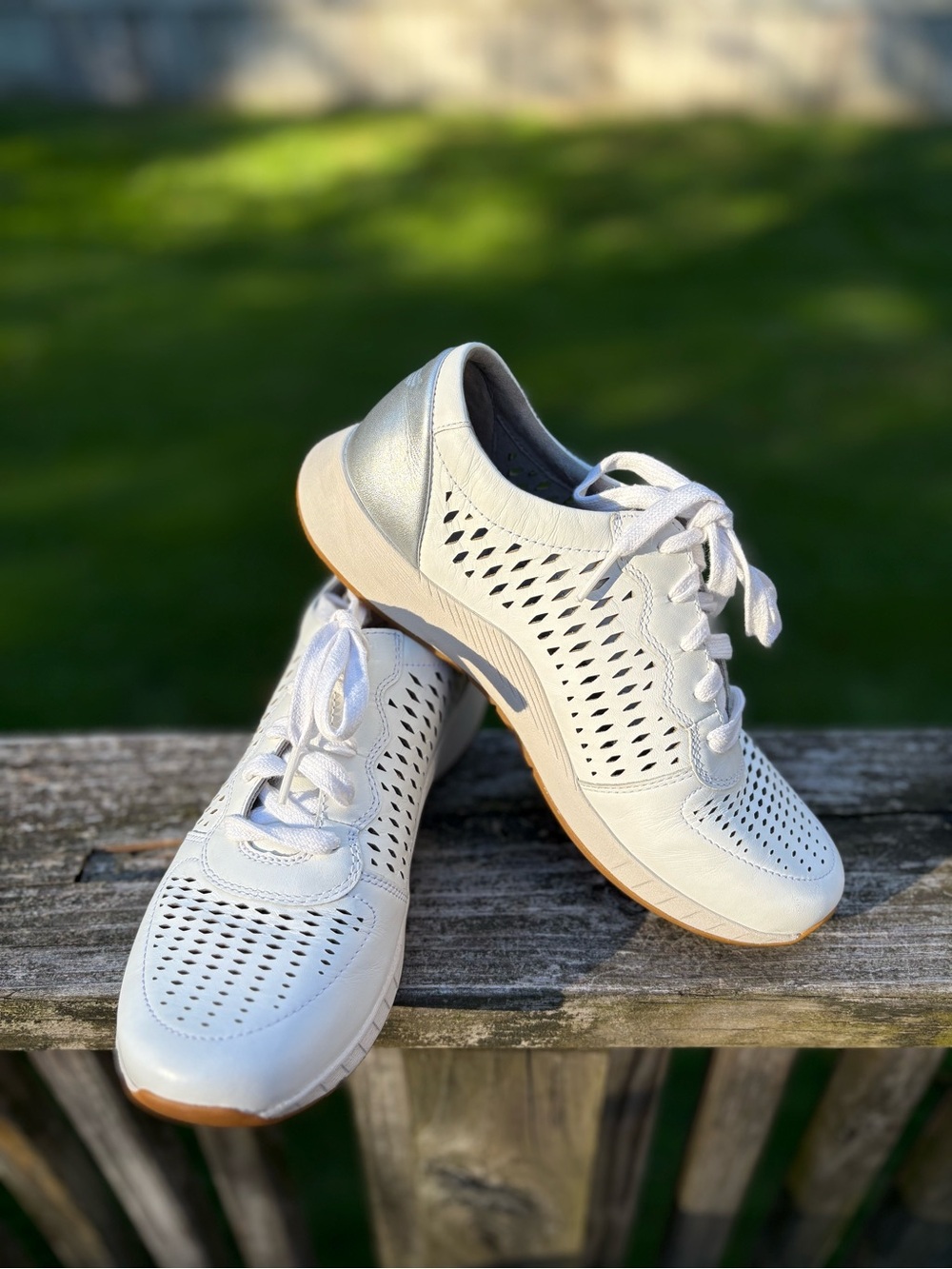 Dansko White Leather Perforated Lace-Up Sneakers with Silver Heel